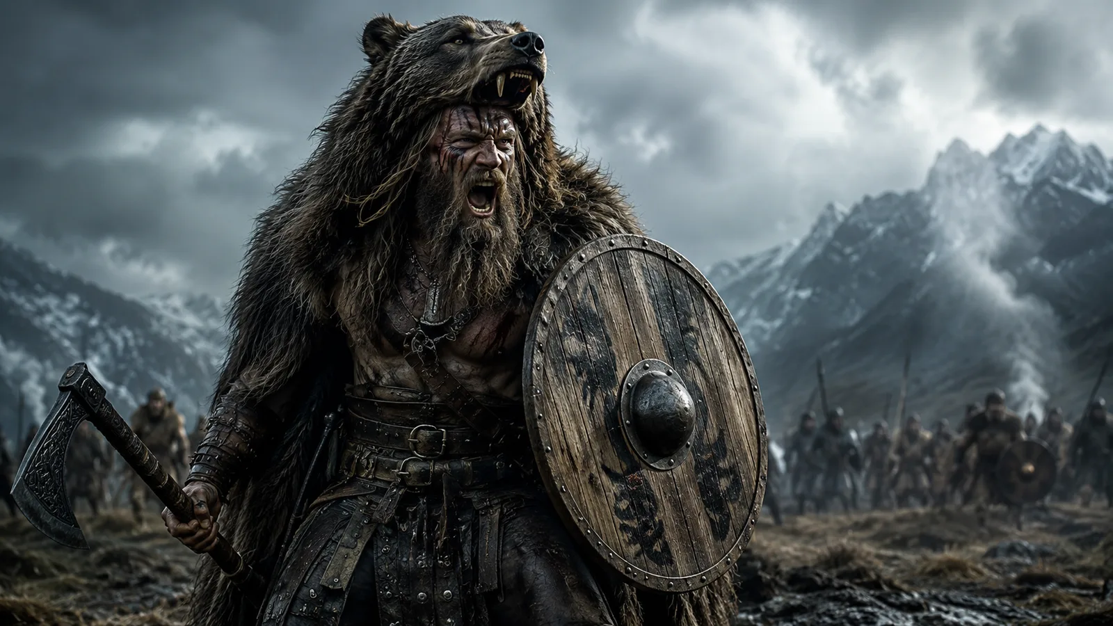 Wikinger-Berserker in Bärenfell mit Schild – Bärenkrieger im Kampfrausch, nordisch-mythologische Darstellung