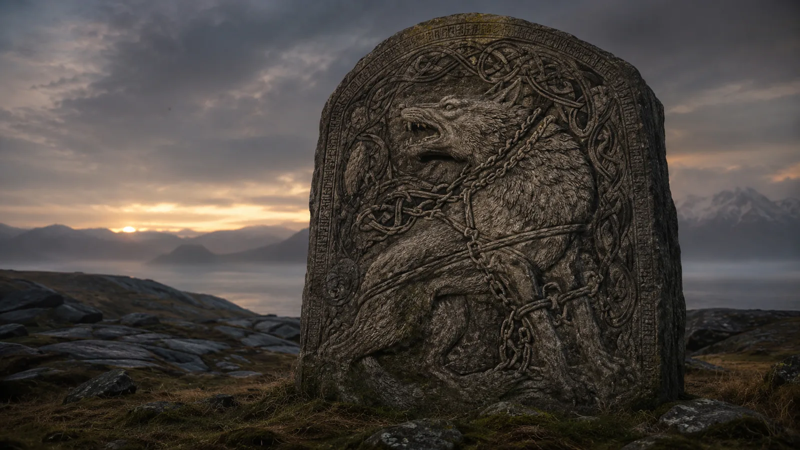 Fenrir, der gefesselte Fenriswolf, mit der Zwergenfessel Gleipnir um den Hals in nordischer Bildsteinkunst