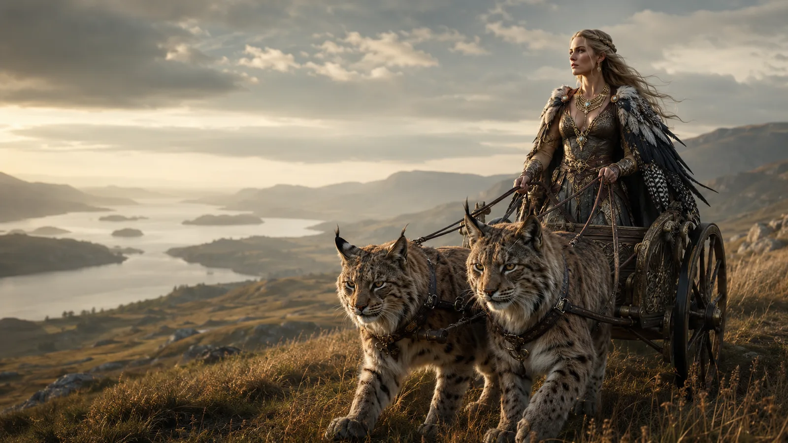 Freya, nordische Göttin der Liebe und des Krieges, mit Brísingamen-Halsband und Falkengewand im Katzengespann