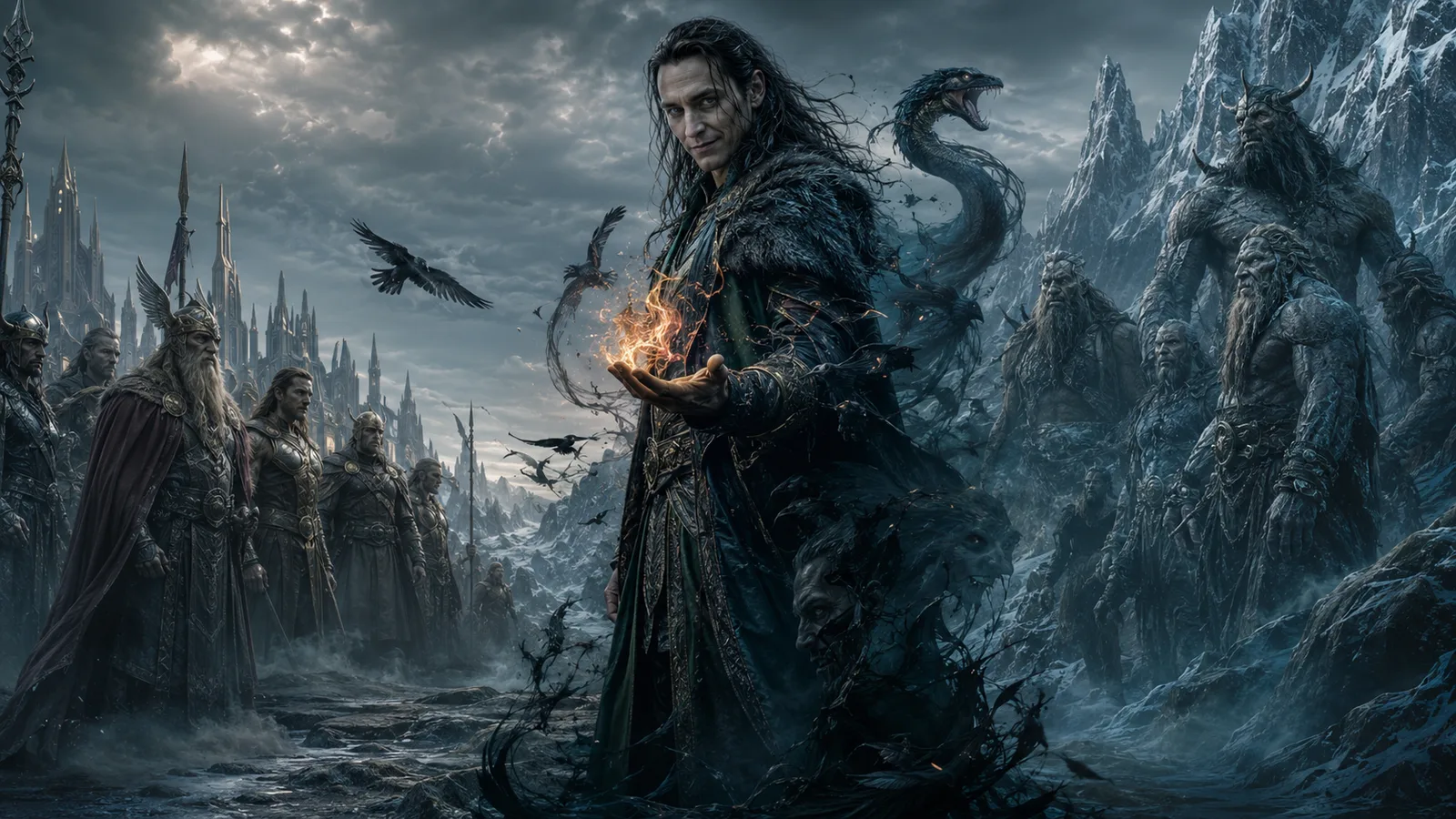 Loki, der listige Gott der nordischen Mythologie, zwischen Asen und Riesen als Gestaltwandler dargestellt