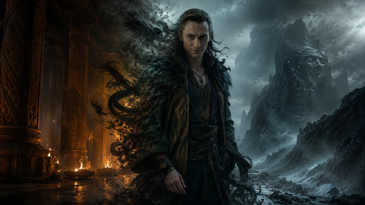 Loki, der listige Gott der nordischen Mythologie, zwischen Asen und Riesen als Gestaltwandler dargestellt