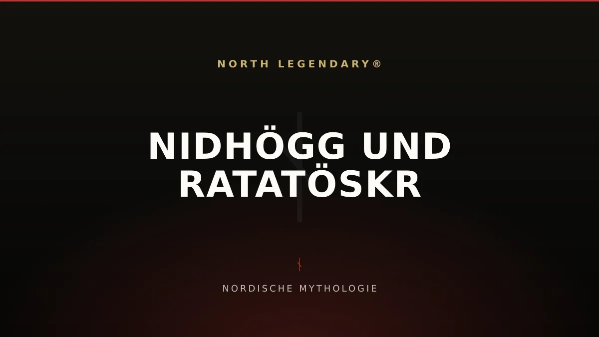 Eichhörnchen Ratatöskr läuft am Stamm der Weltenesche Yggdrasil, unten der Drache Nidhögg an der Wurzel