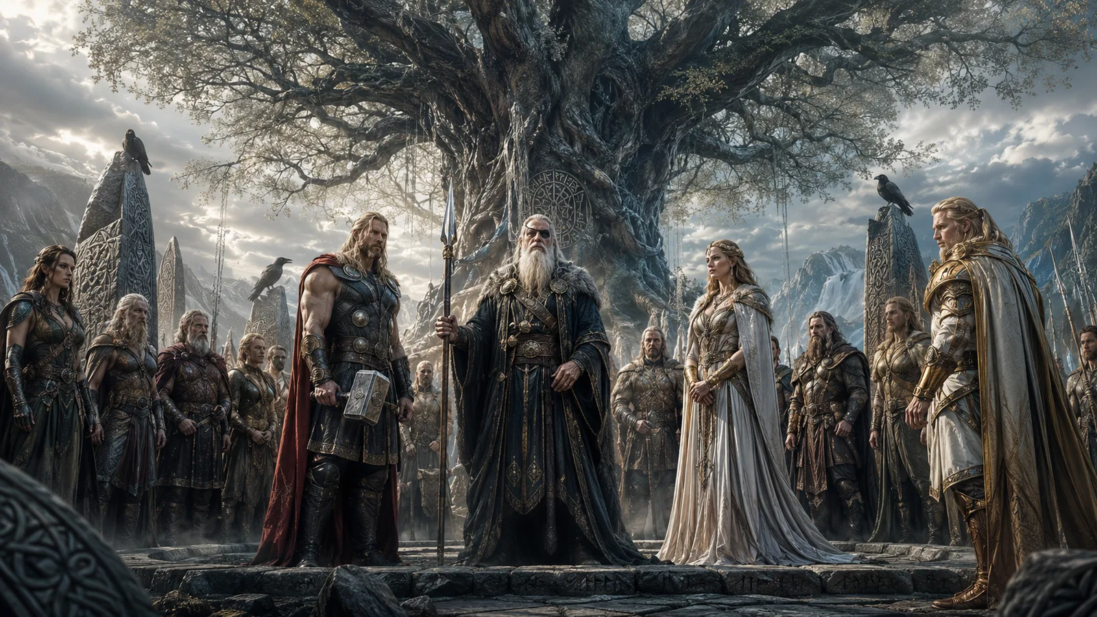 Die nordischen Götter Asen und Wanen versammelt – Odin mit Speer, Thor mit Hammer, Freya, Tyr und Heimdall im Runenstein-Stil vor dem Weltenbaum