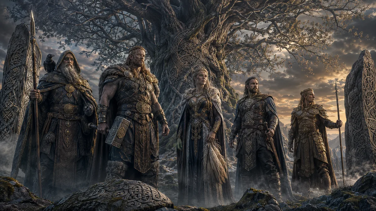 Die nordischen Götter Asen und Wanen versammelt – Odin mit Speer, Thor mit Hammer, Freya, Tyr und Heimdall im Runenstein-Stil vor dem Weltenbaum