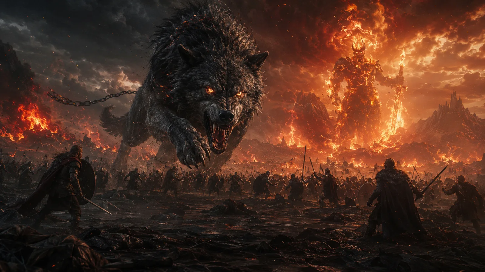 Ragnarök, die letzte Schlacht der nordischen Götter auf dem Feld Vígríðr, mit Fenrir, Surts Feuer und dem brennenden Himmel