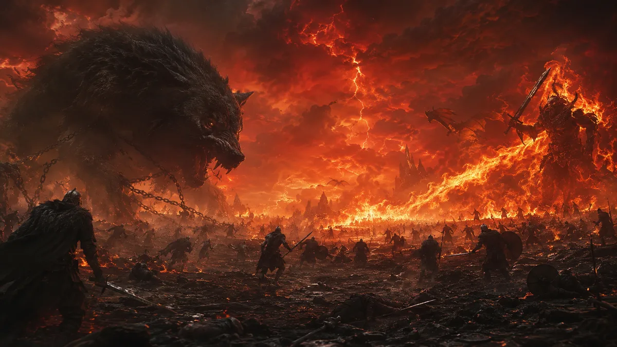 Ragnarök, die letzte Schlacht der nordischen Götter auf dem Feld Vígríðr, mit Fenrir, Surts Feuer und dem brennenden Himmel