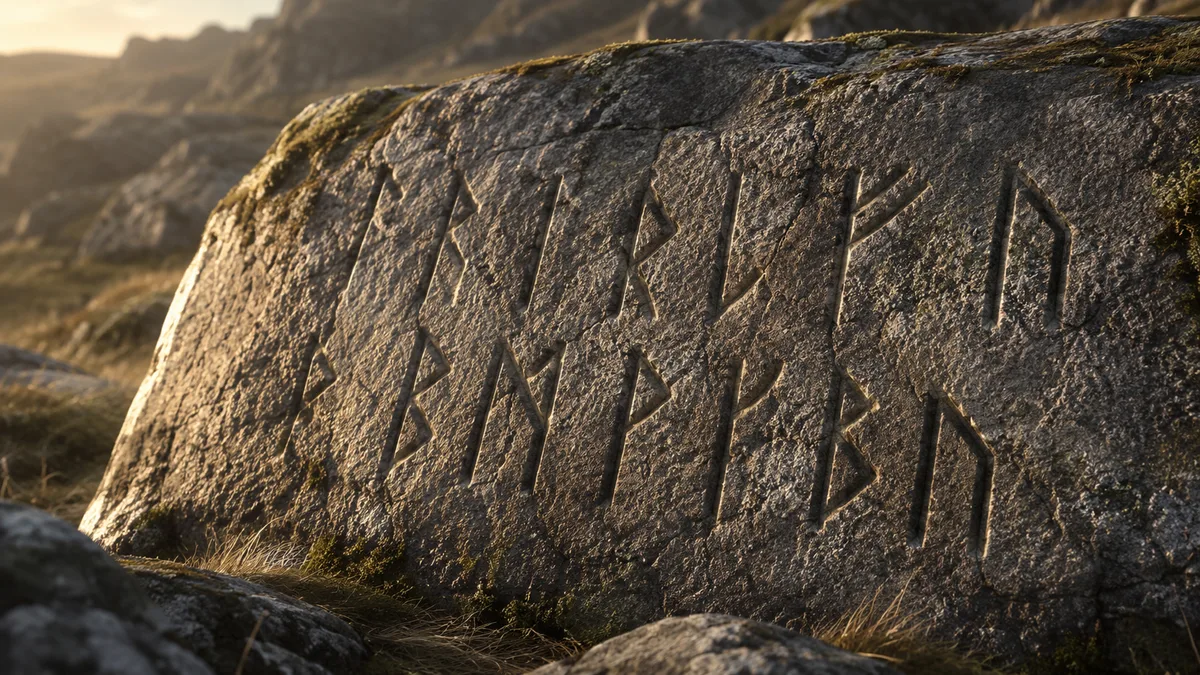 Runen des Älteren Futhark in einen verwitterten Stein geritzt, schräges Morgenlicht hebt die scharfkantigen Zeichen hervor