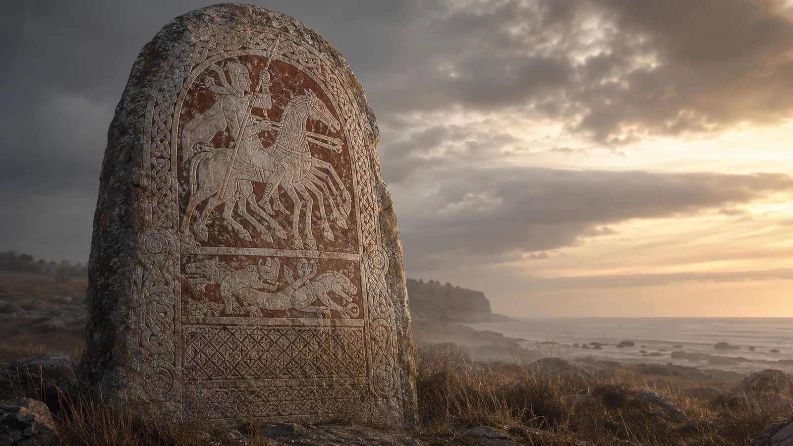 Achtbeiniges Pferd Sleipnir mit Reiter Odin, Motiv im Stil der Gotland-Bildsteine