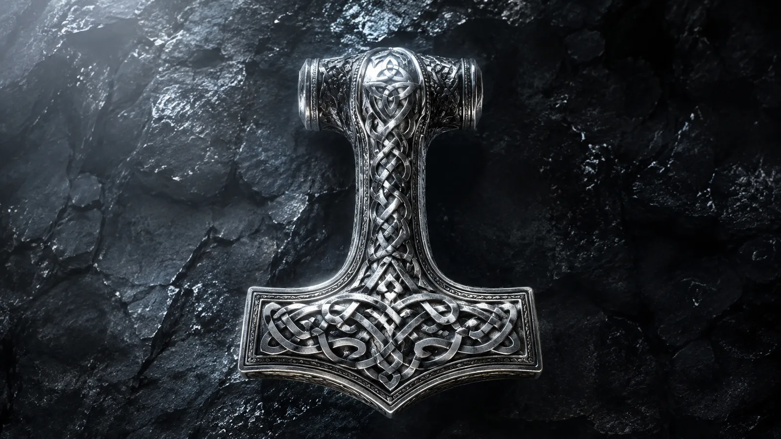 Thors Hammer Mjölnir aus Silber mit Knotenmuster – nordisches Schutzzeichen vor dunklem Stein
