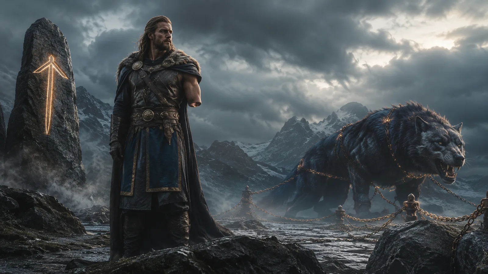 Tyr, der einhändige Gott des Rechts und des Schwurs, mit der Tiwaz-Rune und dem gefesselten Wolf Fenrir