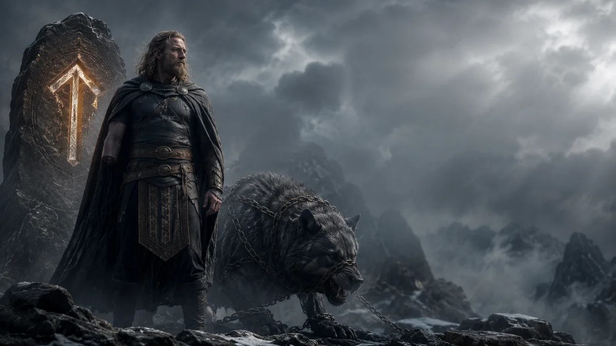 Tyr, der einhändige Gott des Rechts und des Schwurs, mit der Tiwaz-Rune und dem gefesselten Wolf Fenrir