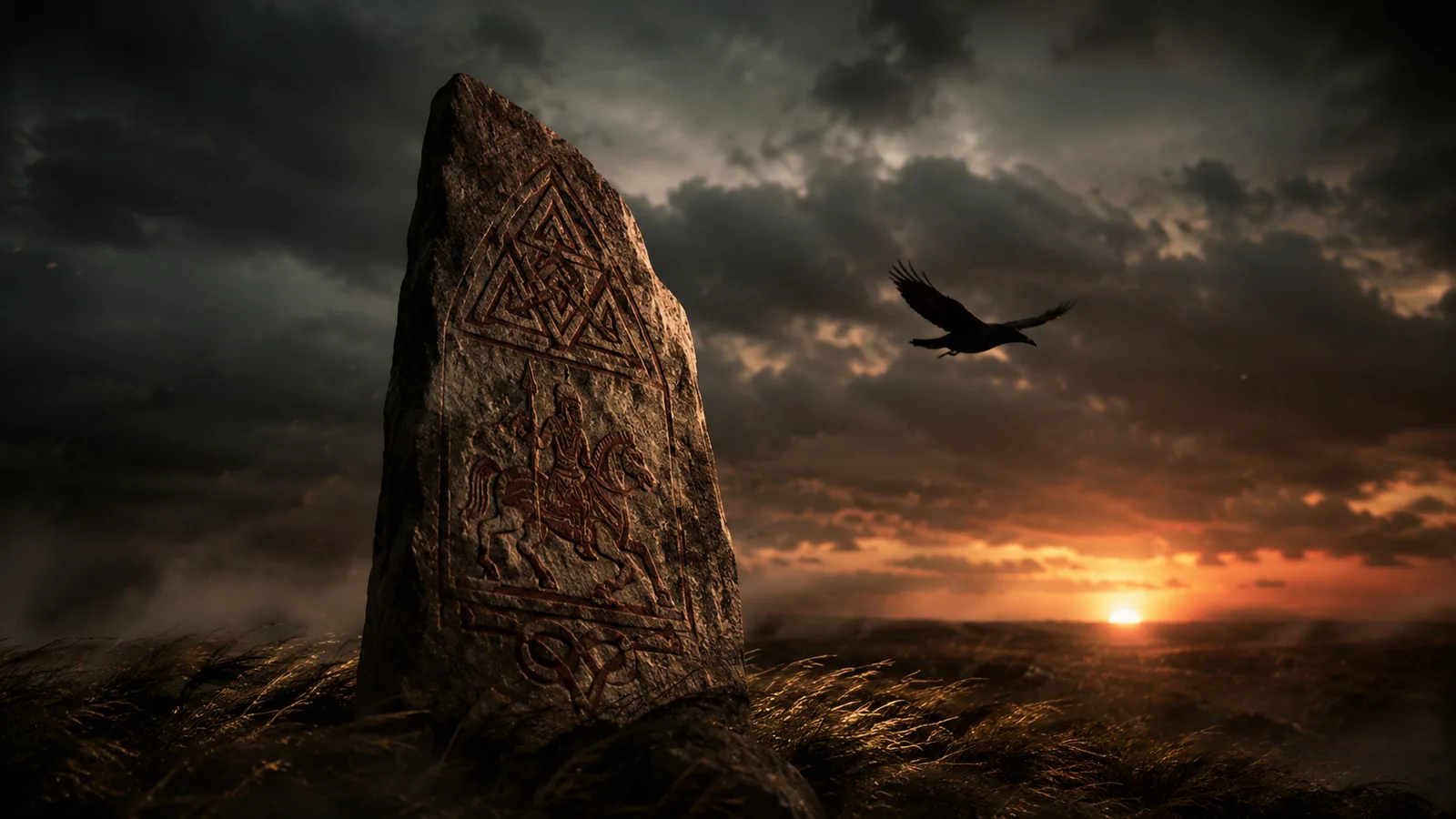 Gotland-Bildstein mit Valknut-Carving und Krieger-Motiv, einsamer Rabe vor dem Sonnenuntergang