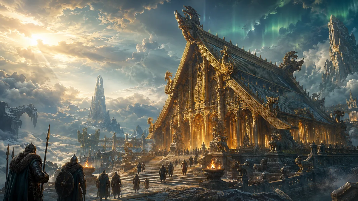 Künstlerische Darstellung von Walhall, Odins Halle der gefallenen Krieger in Asgard