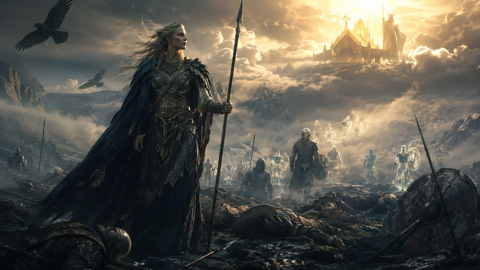 Walküre auf dem Schlachtfeld wählt die gefallenen Krieger und geleitet sie nach Walhall zu Odin