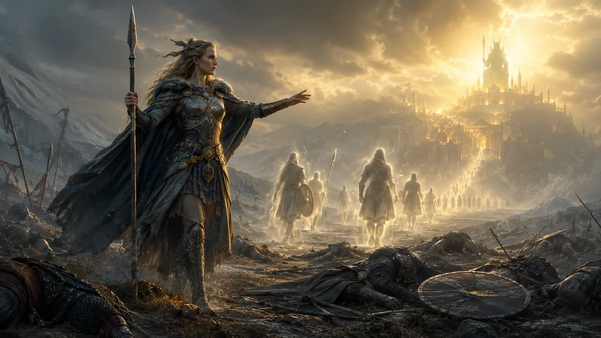 Walküre auf dem Schlachtfeld wählt die gefallenen Krieger und geleitet sie nach Walhall zu Odin