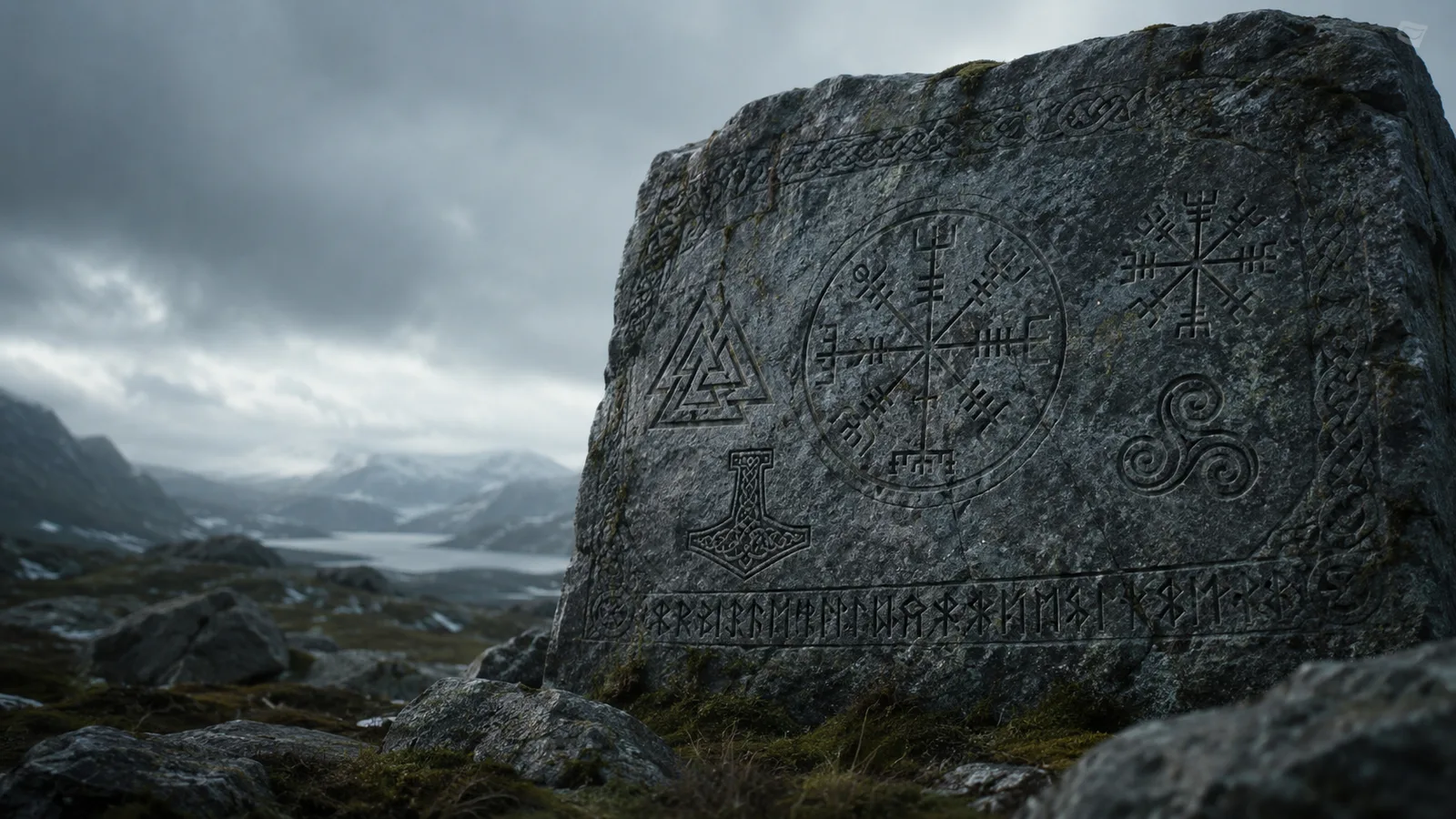 Übersicht nordischer Symbole im Runenstein-Stil: Valknut, Vegvísir, Mjölnir, Aegishjálmur, Triskele und Runen nebeneinander