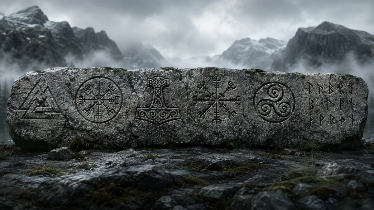 Übersicht nordischer Symbole im Runenstein-Stil: Valknut, Vegvísir, Mjölnir, Aegishjálmur, Triskele und Runen nebeneinander