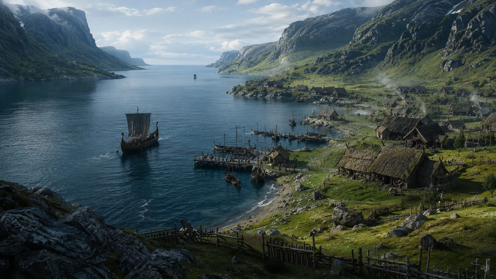 Wikingerdorf an einem Fjord — Schauplatz der Geschichten aus dem Norden