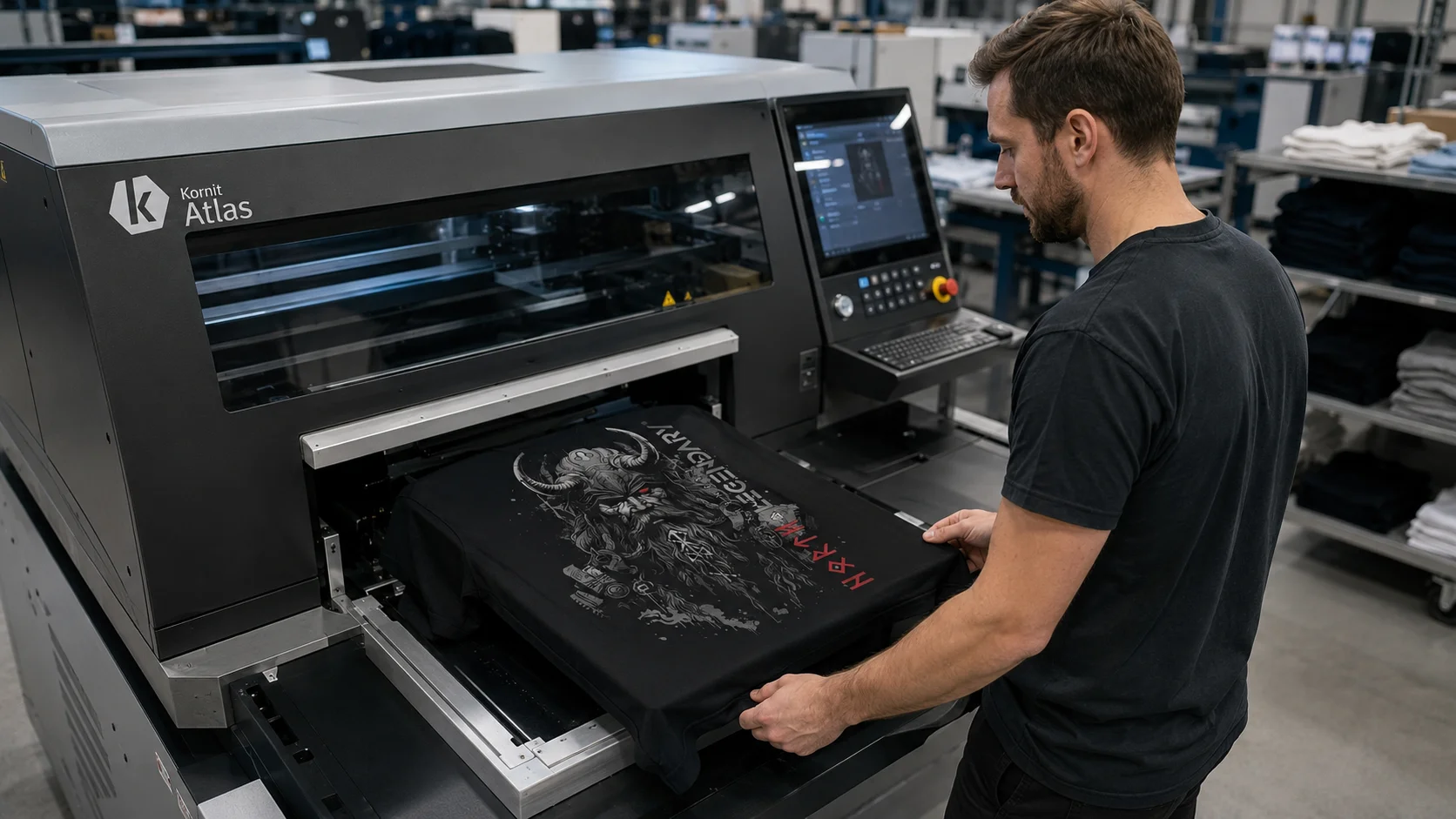 Kornit Atlas DTG-Industriedrucker bei der Veredelung eines North Legendary Wikinger-Shirts