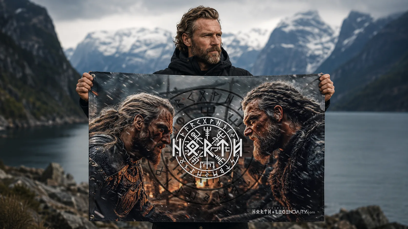 Wikinger-Wandfahne 120 × 80 cm mit zwei Kriegern, North-Legendary-Logo und Vegvisir-Runenkompass