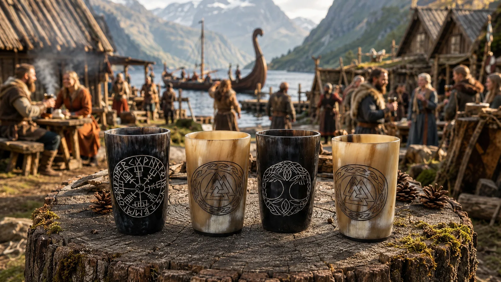 Vier handgefertigte Wikinger-Becher aus Büffelhorn mit Gravur von Valknut, Yggdrasil, Vegvisir und Fenrir