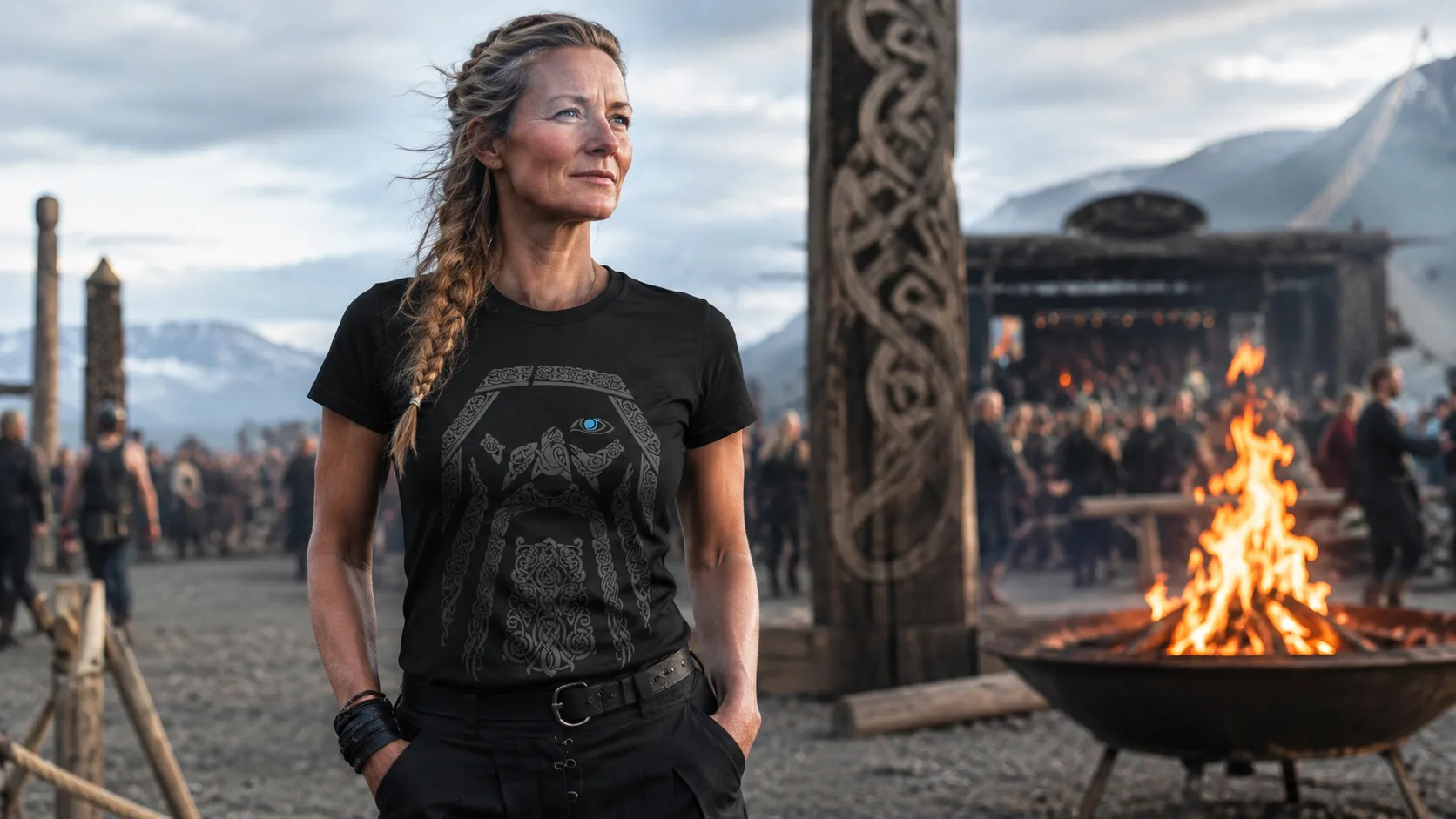 Odin Wikinger T-Shirt Damen – Walvater-Antlitz aus nordischem Knotenwerk mit einem Auge und geflochtenem Bart