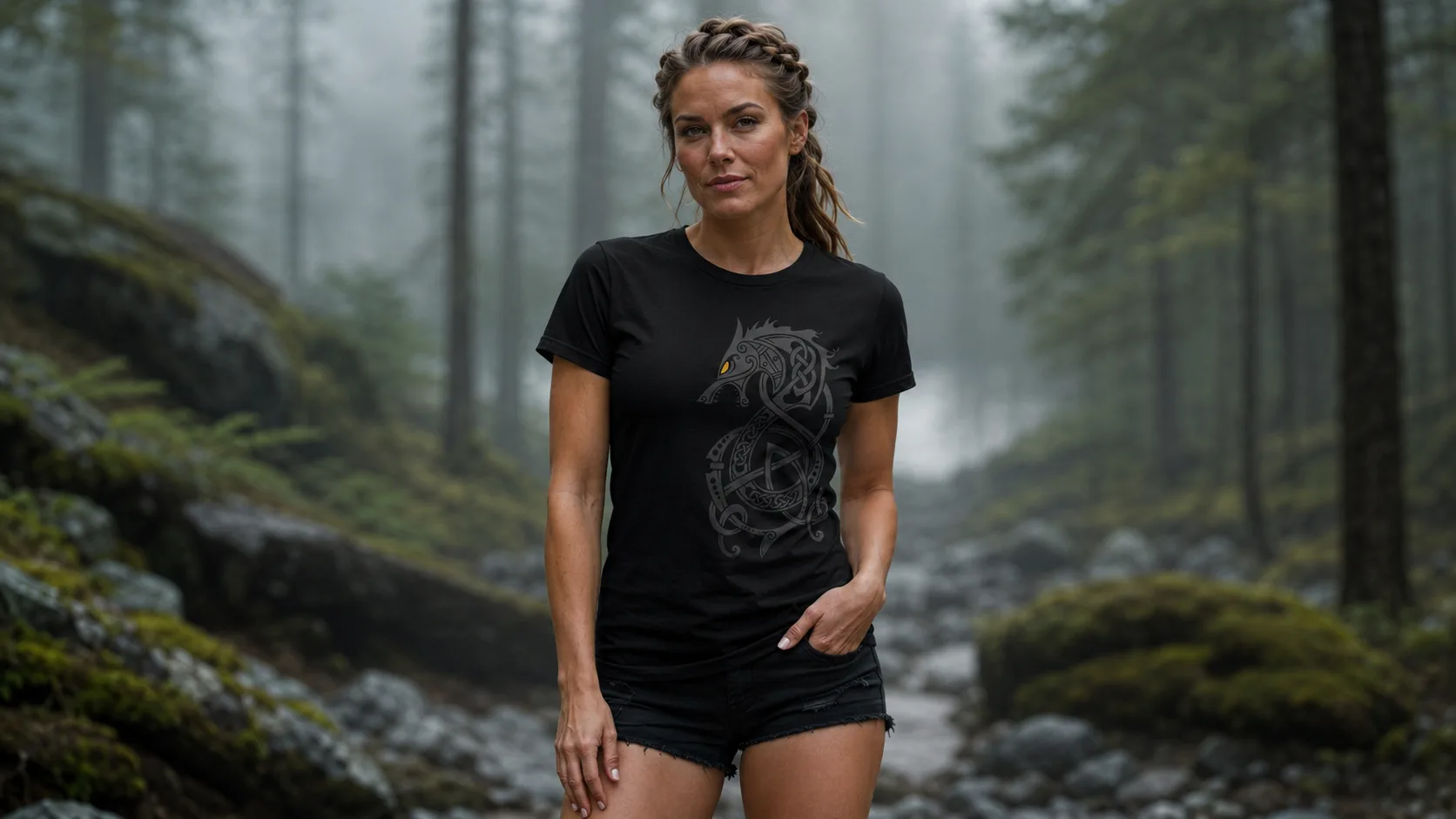 Fenrir Wikinger T-Shirt Damen – aufbäumender Wolf in nordischem Knotenwerk mit Runenspirale, weißer Druck
