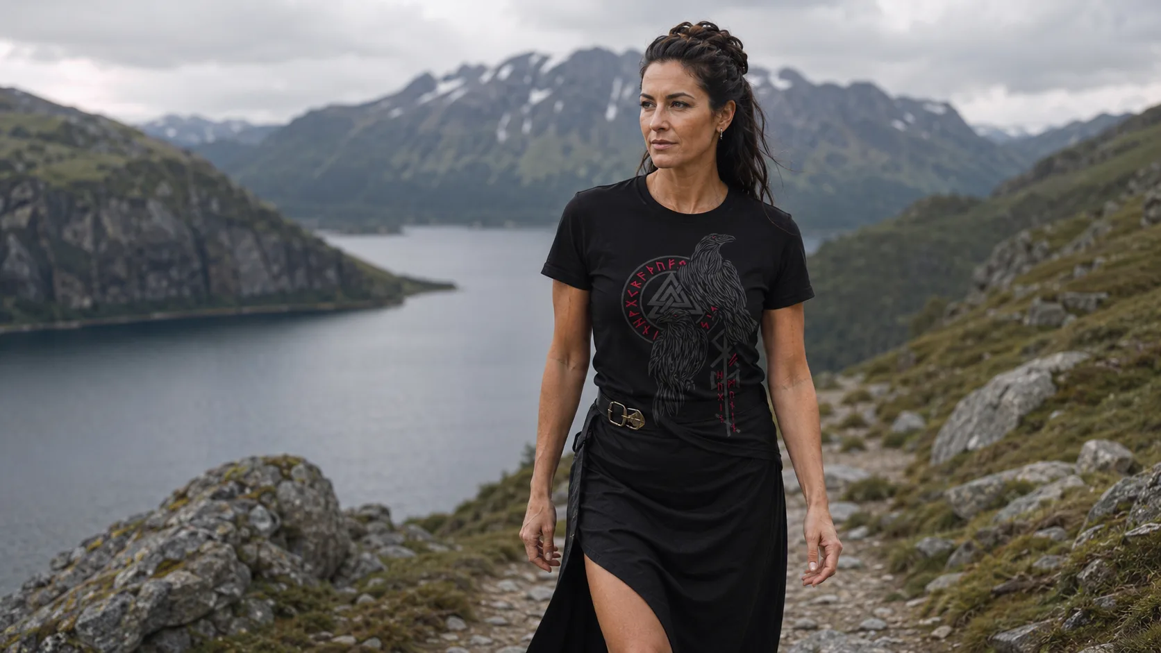 Munin Wikinger T-Shirt Damen – Odins Rabe der Erinnerung über Runenring und Valknut in feiner nordischer Linienführung