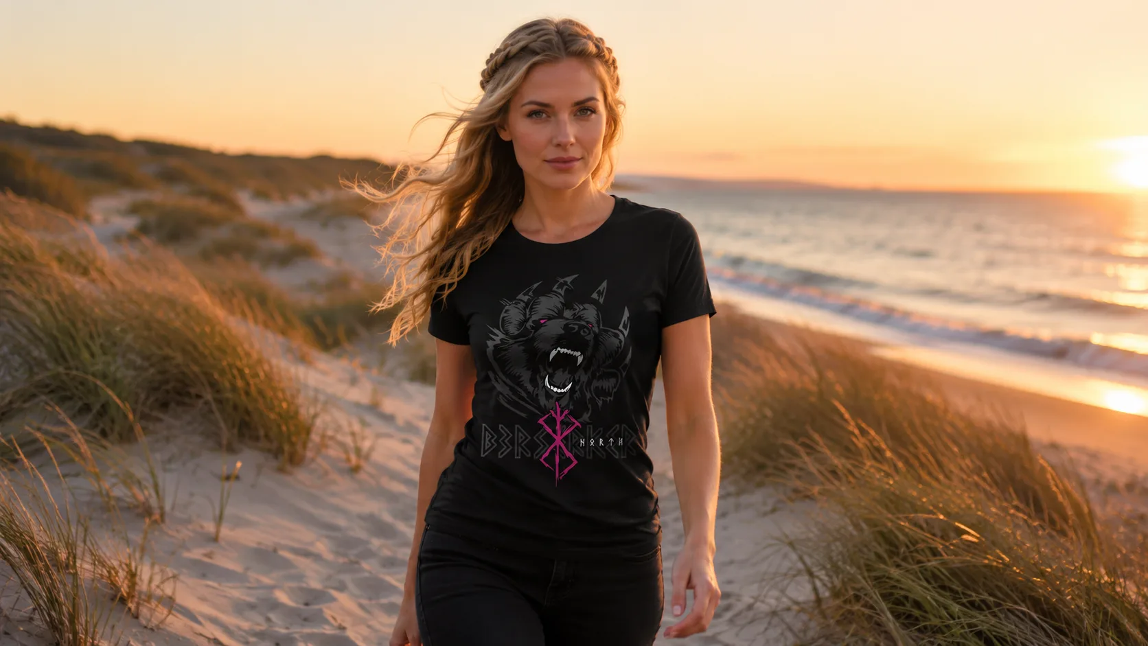Björn Wikinger T-Shirt Damen – kraftvoller Bärenkopf in monochromer Linienführung mit Runen und gekreuzten Pfeilen