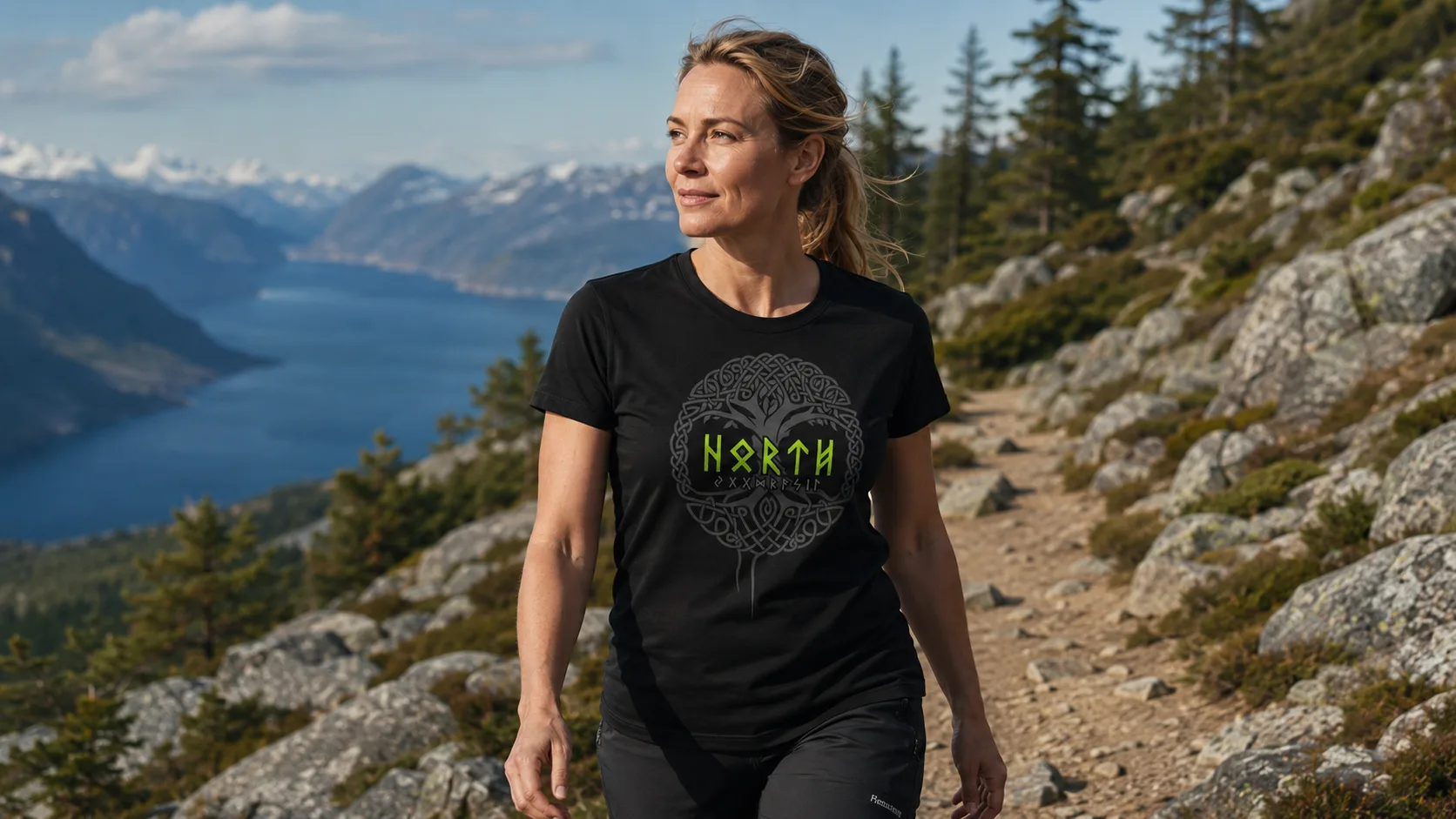 Yggdrasil Wikinger T-Shirt Damen – kreisrundes Lebensbaum-Emblem aus weißem Knotwork mit nordischen Runen, Wurzeln und Krone