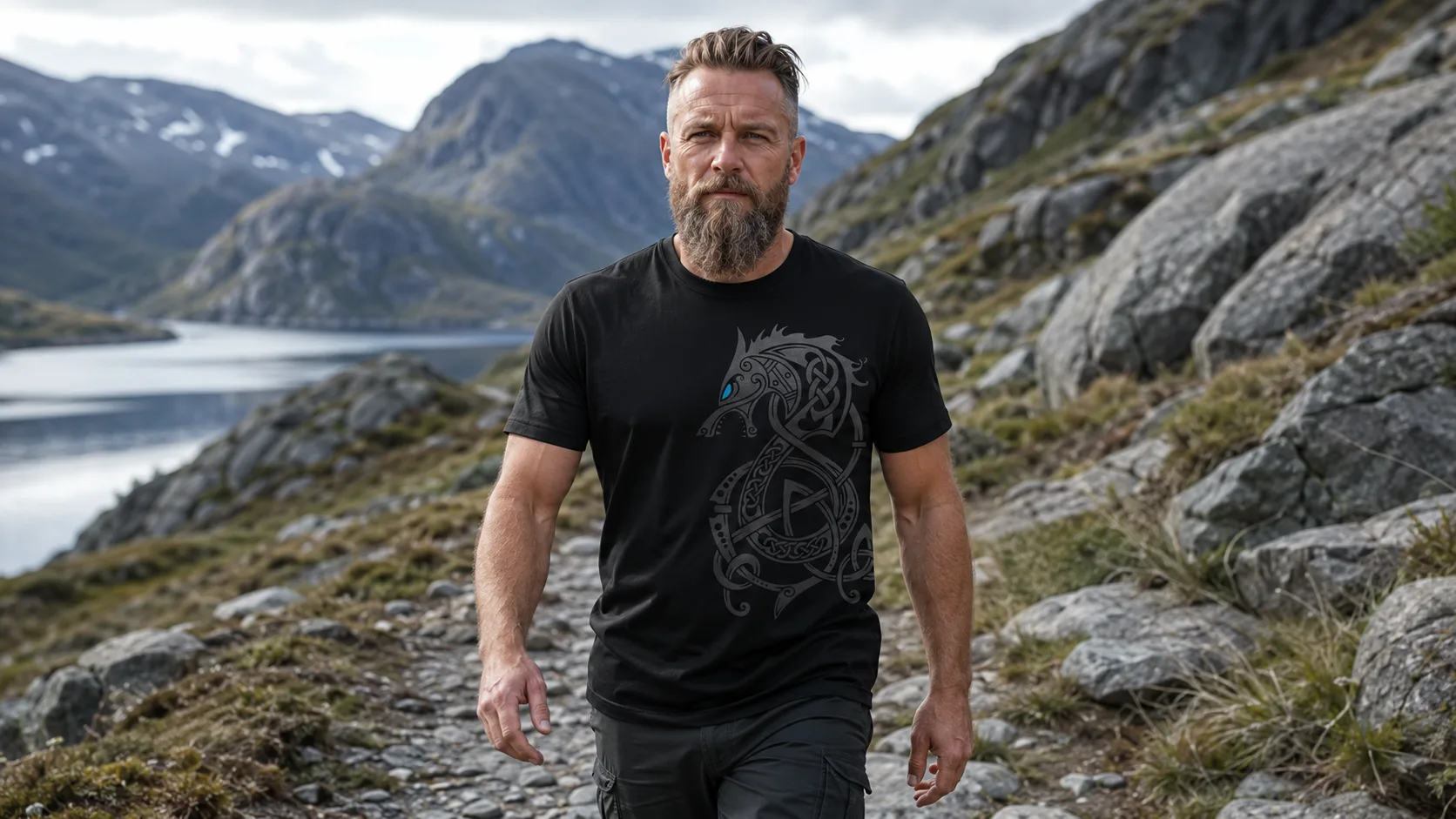 Fenrir Wikinger T-Shirt Herren – gefesselter Riesenwolf mit aufgerissenem Rachen in silbernem nordischem Knotenwerk
