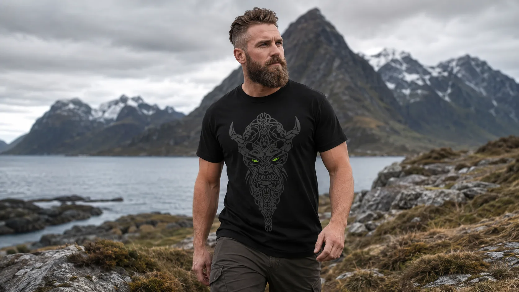 Nordmann Wikinger T-Shirt Herren – bärtiges Kriegergesicht mit gehörntem Helm aus nordischem Knotenwerk in Silbergrau
