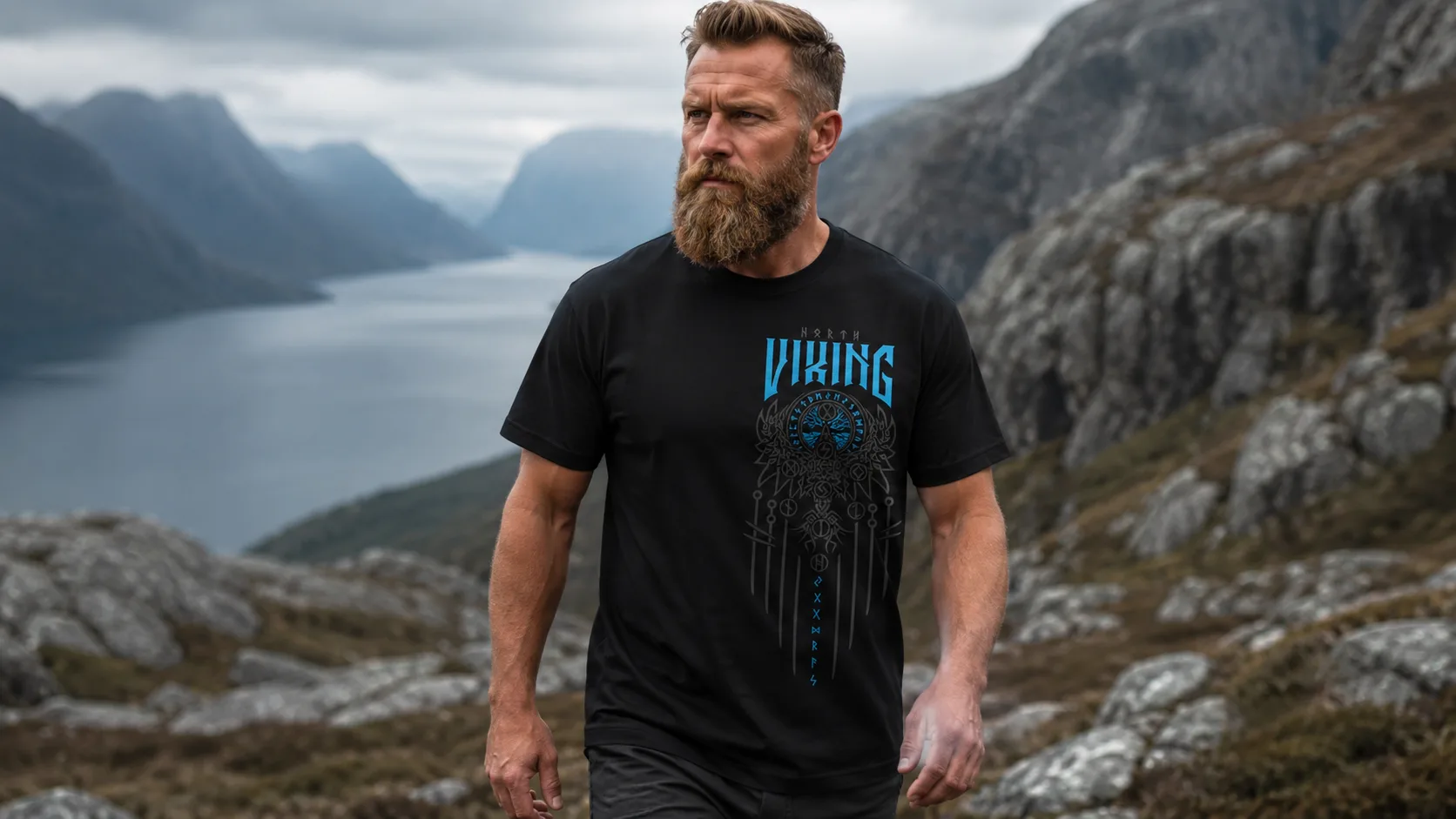 Neun Welten Wikinger T-Shirt Herren – die neun nordischen Reiche in einem runischen Kreis mit Flügelformen und Runenbändern