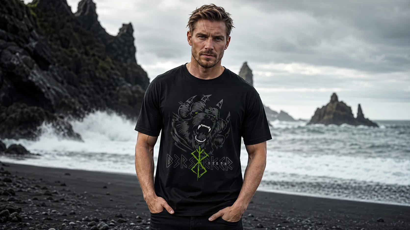 Björn Wikinger T-Shirt Herren – brüllender Bärenkopf mit Krallenspuren in nordischer Linienführung