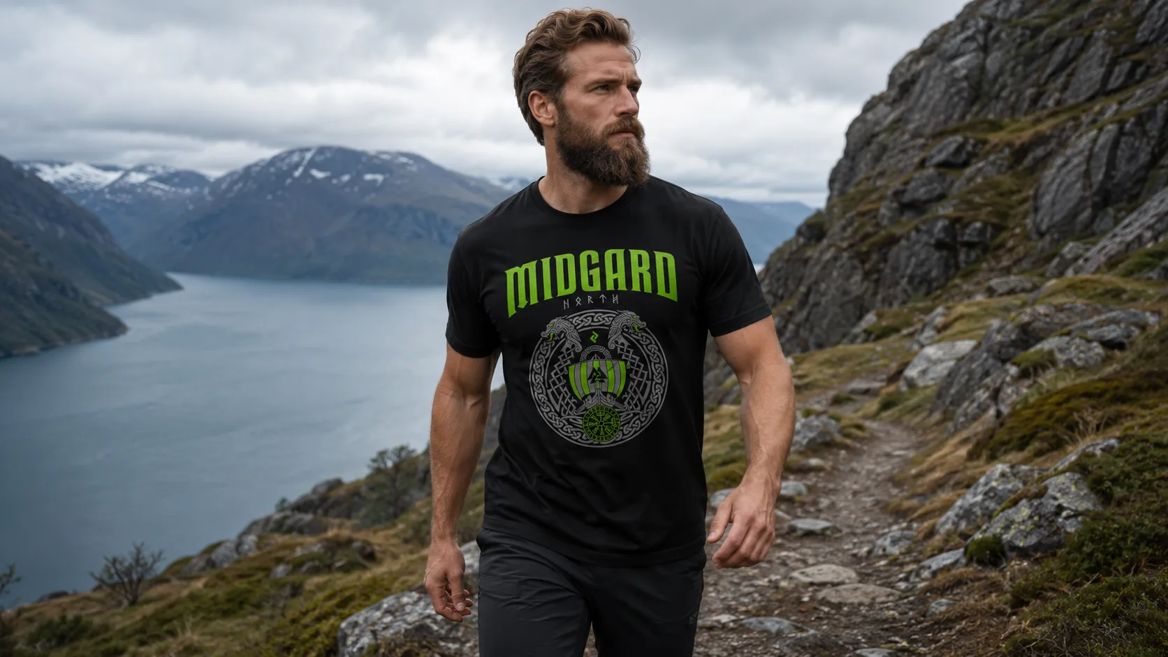 Midgard Wikinger T-Shirt Herren – Jörmungandr als verschlungener Schlangenring umspannt die Welt, mit Runen-Schriftzug