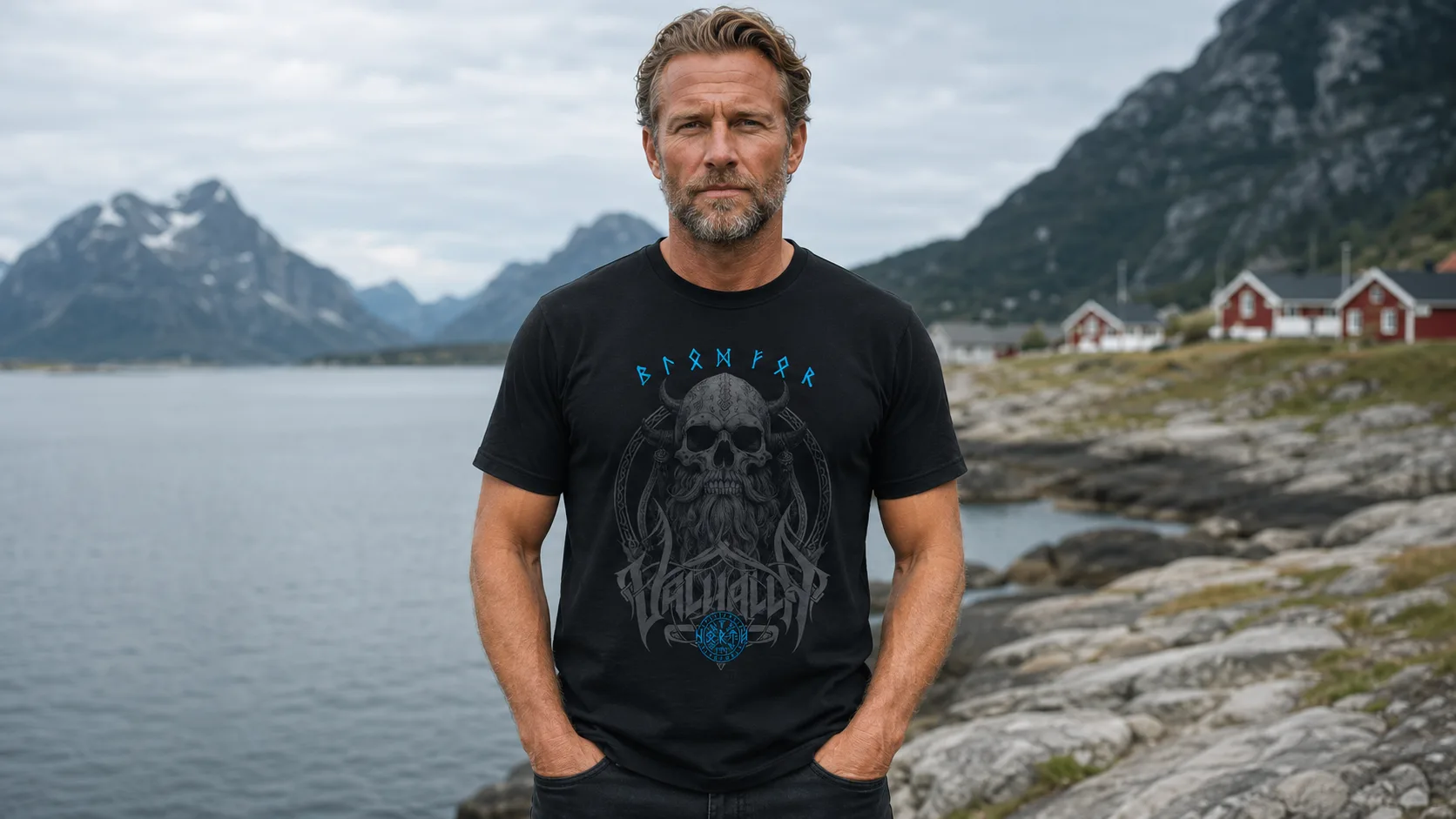 Skull Viking Wikinger T-Shirt Herren – bärtiger Kriegerschädel mit gekreuzten Äxten, blauen Runen und Walhall-Schriftzug