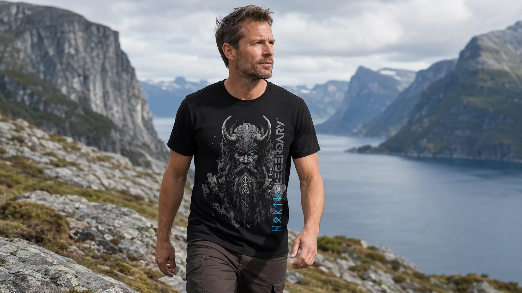 Odin Wikinger T-Shirt Herren – einäugiger Allvater mit gehörntem Helm und Bart in nordischer Linienführung