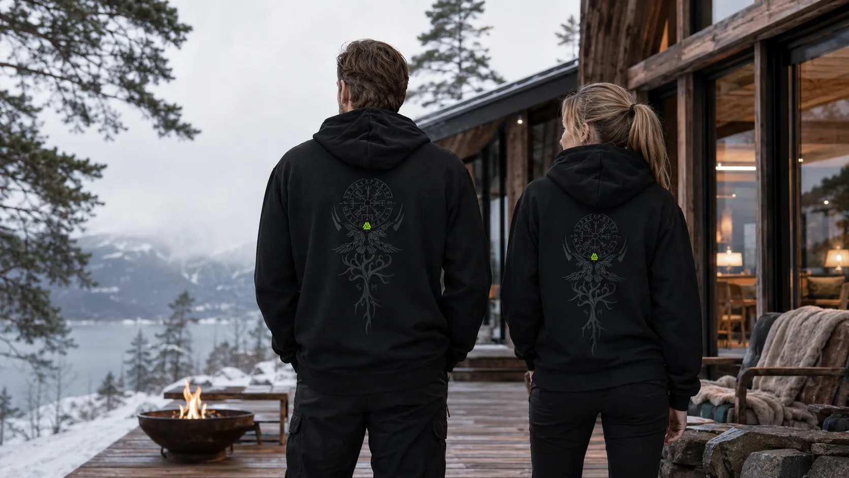 Vegvísir Wikinger Zipper Unisex – achtarmiger Wegweiser-Stab mit Runenring und Schwingen in Silbergrau auf dunkler Jacke