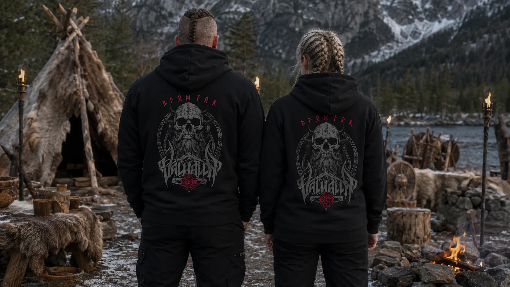 Skull Viking Wikinger Zipper Unisex – gehörnter Totenschädel mit Flechtbart, gekreuzten Äxten und Walhalla-Schriftzug als Rückendruck