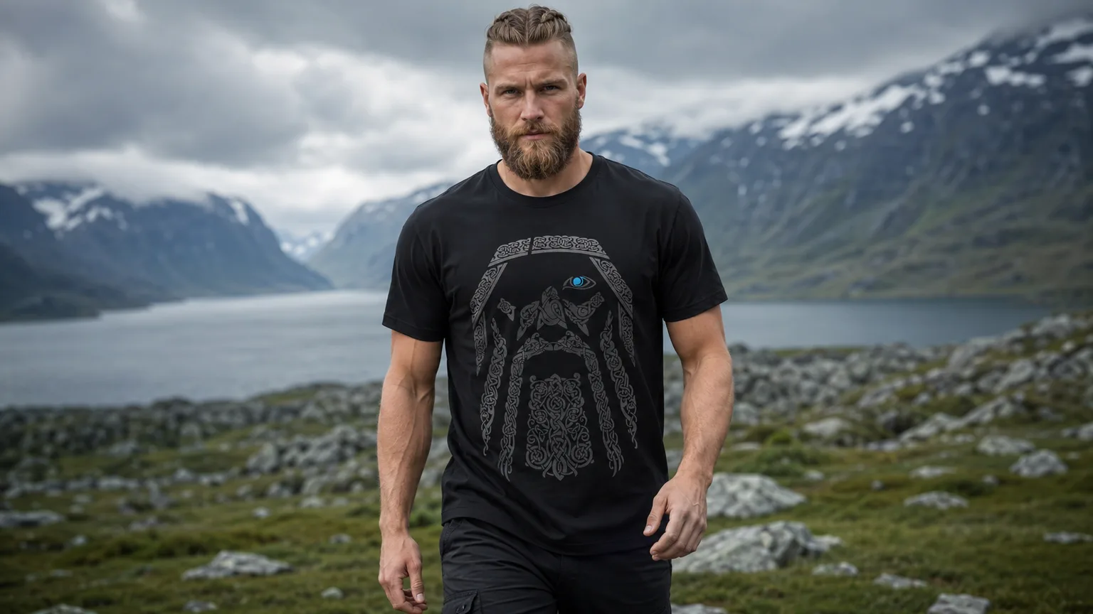Mann trägt das North Legendary Odin-Shirt von 2011 vor einem norwegischen Fjord — graues Odin-Motiv mit Helm und blauem Auge auf Schwarz