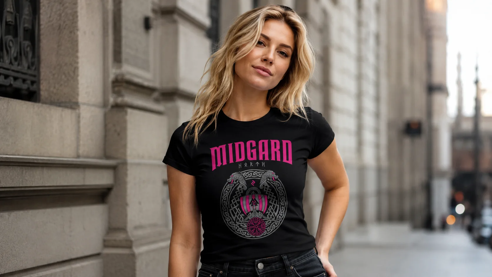 Schildmaiden mit Midgard-Schriftzug in Pink und Flokis Drakkar in urbaner Szene