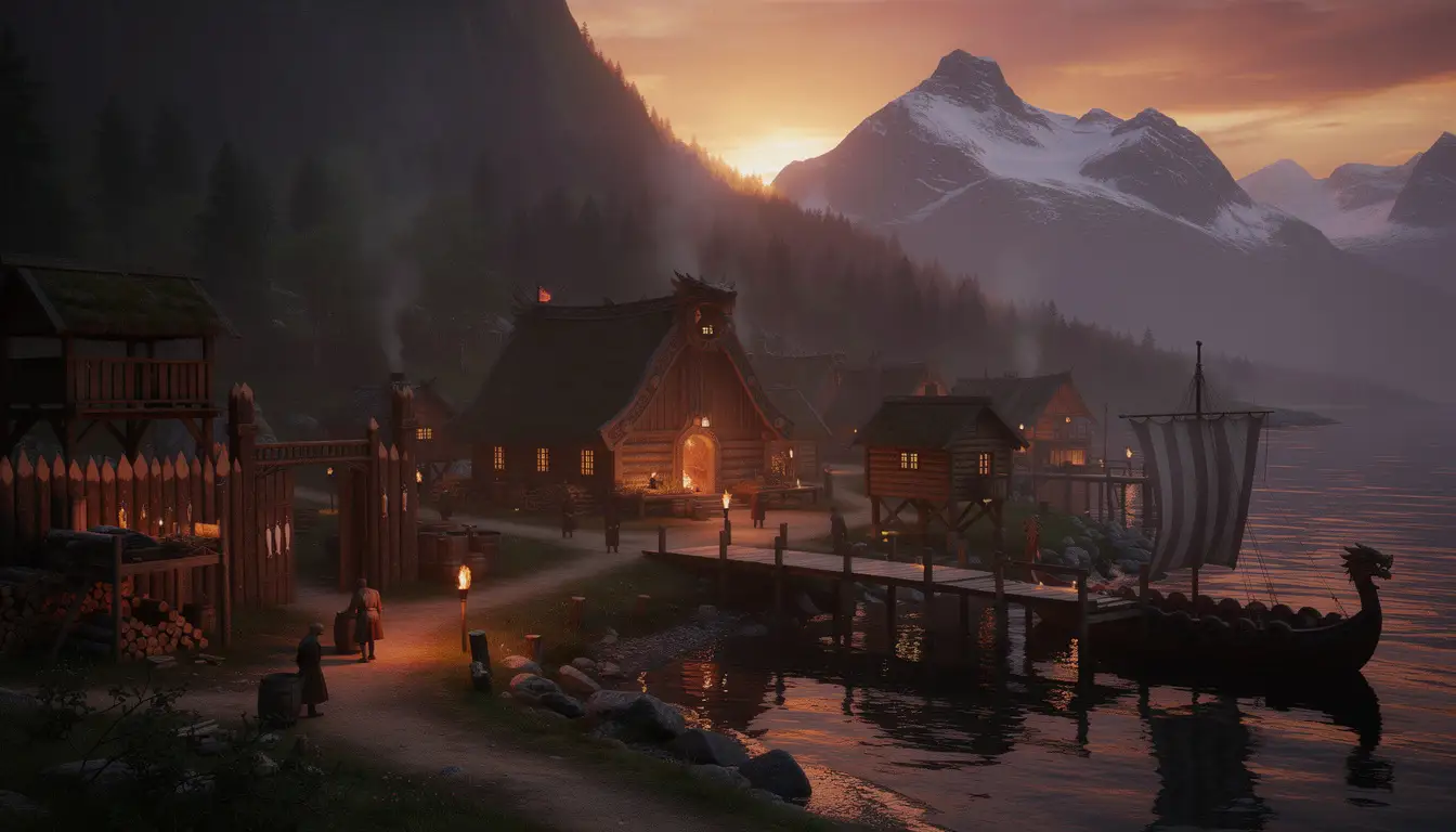 Wikinger-Siedlung mit Drachenboot am See in der Abendsonne – Szene aus dem Spiel