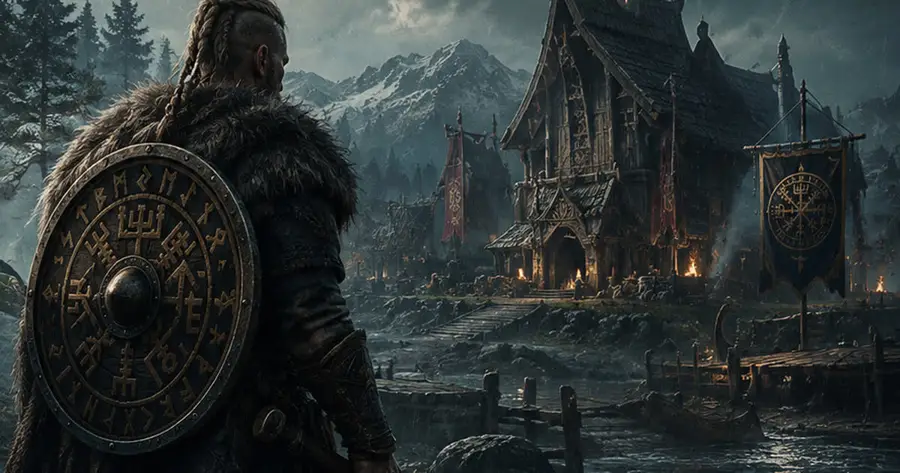 Wikinger mit Runenschild vor einem Langhaus – Artwork aus dem North-Legendary-Spiel