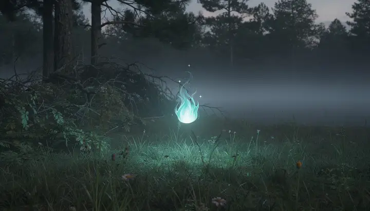 Ein türkis leuchtendes Geisterlicht im nebligen Wald – Szene aus dem Spiel
